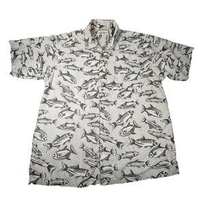Vintage Columbia Men's Button Up Shirt Linen Blend All Over Fish Print LARGE